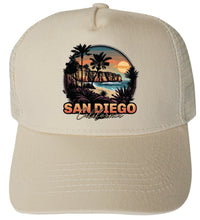 Load image into Gallery viewer, San Diego California Design A  Unisex Mesh Back Trucker Hat with Adjustable Snapback
