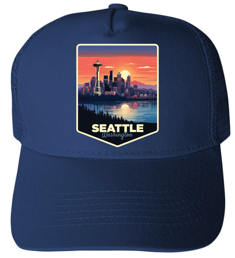 Seattle Washington Design A Navy Unisex Mesh Back Trucker Hat with Adjustable Snapback 4-Pack