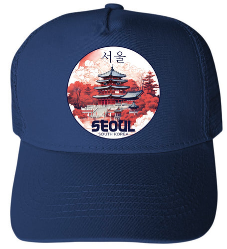 Seoul South Korea Design B Navy Unisex Mesh Back Trucker Hat with Adjustable Snapback 4-Pack