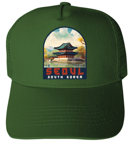 Seoul South Korea Design C Green Unisex Mesh Back Trucker Hat with Adjustable Snapback Single