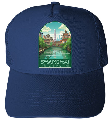 Shanghai China Old Town Design  Navy Unisex Mesh Back Trucker Hat with Adjustable Snapback 2-Pack