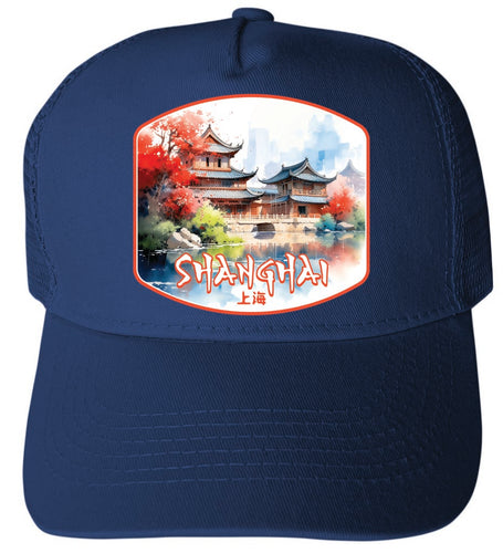 Shanghai China Watercolor Temples Design Navy Unisex Mesh Back Trucker Hat with Adjustable Snapback 4-Pack