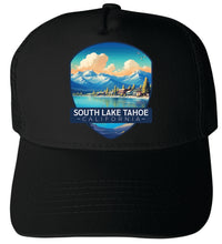 Load image into Gallery viewer, South Lake Tahoe California Mountains over Lake Design Unisex Mesh Back Trucker Hat with Adjustable Snapback
