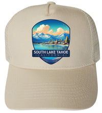 Load image into Gallery viewer, South Lake Tahoe California Mountains over Lake Design Unisex Mesh Back Trucker Hat with Adjustable Snapback
