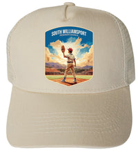 Load image into Gallery viewer, South Williamsport Pennsylvania Baseball Pitcher Design Unisex Mesh Back Trucker Hat with Adjustable Snapback
