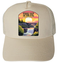 Load image into Gallery viewer, Spokane Washington Sunset Waterfall Design Unisex Mesh Back Trucker Hat with Adjustable Snapback
