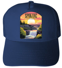 Load image into Gallery viewer, Spokane Washington Sunset Waterfall Design Navy Unisex Mesh Back Trucker Hat with Adjustable Snapback 4-Pack
