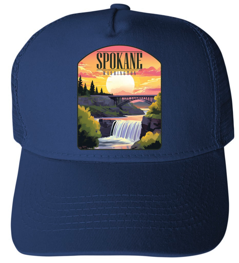 Spokane Washington Sunset Waterfall Design Navy Unisex Mesh Back Trucker Hat with Adjustable Snapback 4-Pack