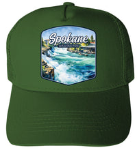 Load image into Gallery viewer, Spokane Washington City Waterfall Design Green Unisex Mesh Back Trucker Hat with Adjustable Snapback 2-Pack
