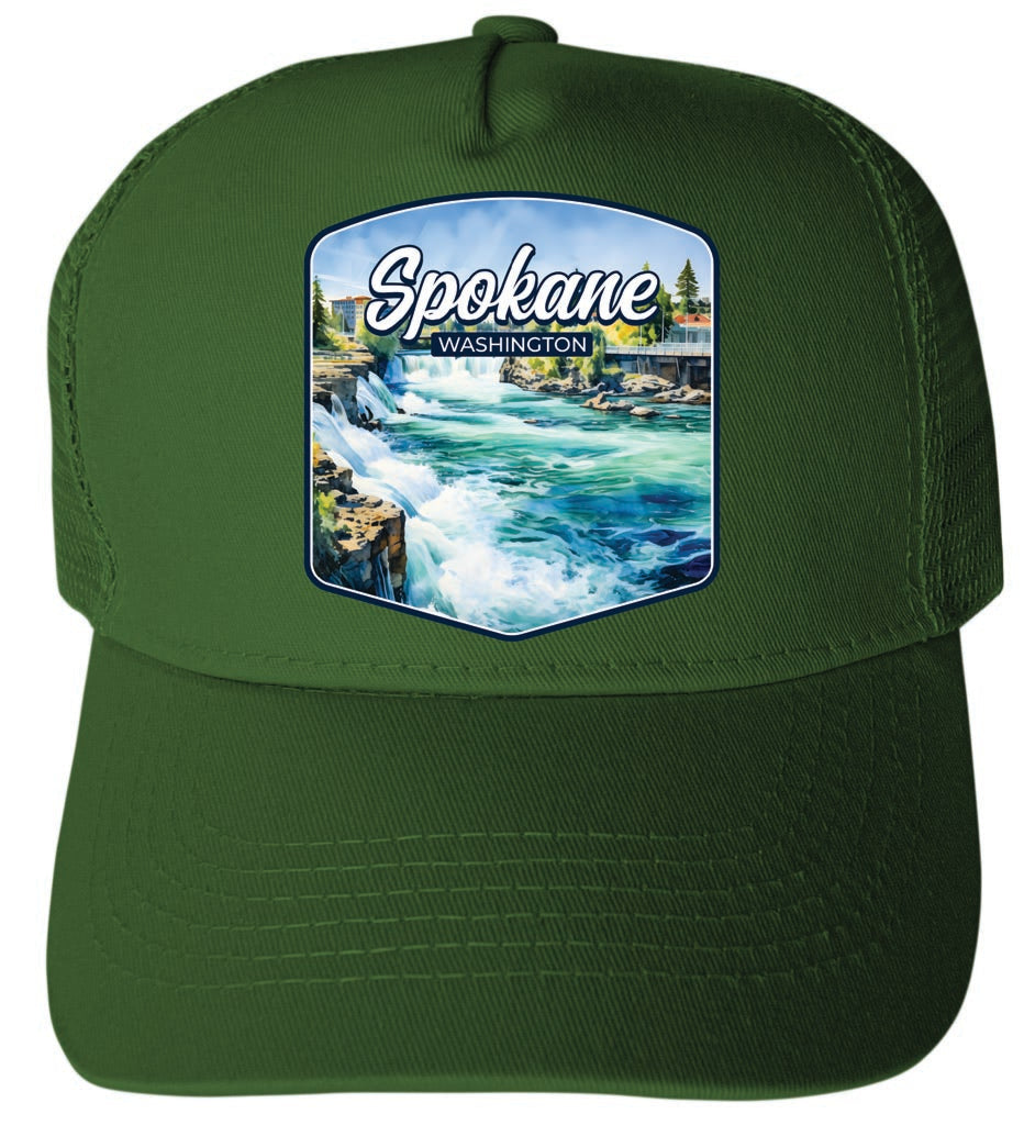 Spokane Washington City Waterfall Design Green Unisex Mesh Back Trucker Hat with Adjustable Snapback 2-Pack