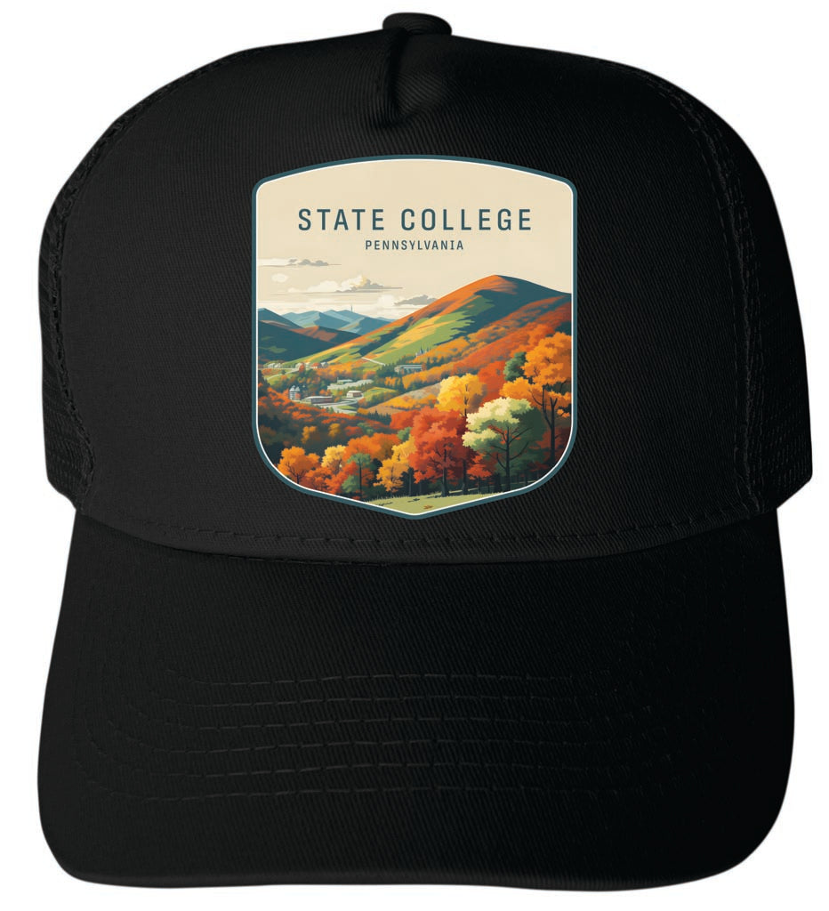 State College Pennsylvania Autumn Mountains Design Black Unisex Mesh Back Trucker Hat with Adjustable Snapback 2-Pack