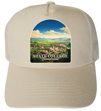 Load image into Gallery viewer, State College Pennsylvania Aerial Town Design Unisex Mesh Back Trucker Hat with Adjustable Snapback
