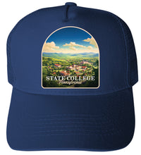 Load image into Gallery viewer, State College Pennsylvania Aerial Town Design Unisex Mesh Back Trucker Hat with Adjustable Snapback
