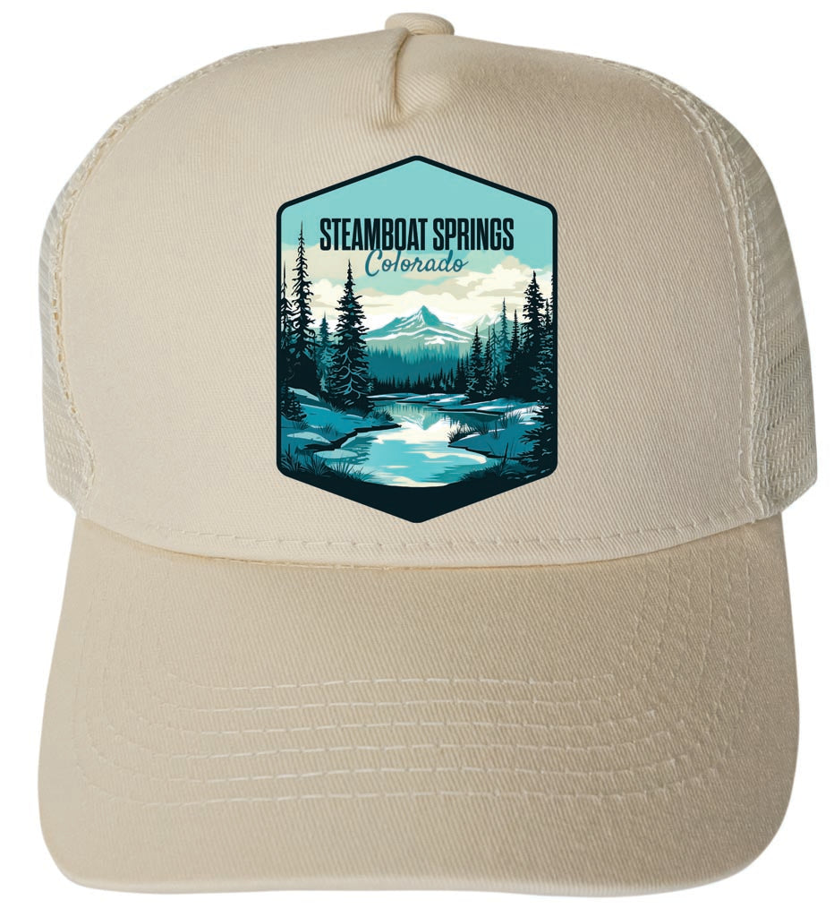 Steamboat Springs Colorado Design A Cream Unisex Mesh Back Trucker Hat with Adjustable Snapback Single