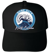 Load image into Gallery viewer, Surf City North Carolina Wave Design Unisex Mesh Back Trucker Hat with Adjustable Snapback
