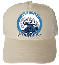 Load image into Gallery viewer, Surf City North Carolina Wave Design Unisex Mesh Back Trucker Hat with Adjustable Snapback
