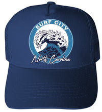 Load image into Gallery viewer, Surf City North Carolina Wave Design Navy Unisex Mesh Back Trucker Hat with Adjustable Snapback 4-Pack
