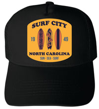 Load image into Gallery viewer, Surf City North Carolina Sun Sea Surf Design Unisex Mesh Back Trucker Hat with Adjustable Snapback
