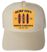 Load image into Gallery viewer, Surf City North Carolina Sun Sea Surf Design Unisex Mesh Back Trucker Hat with Adjustable Snapback
