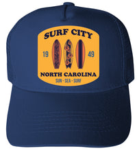 Load image into Gallery viewer, Surf City North Carolina Sun Sea Surf Design Unisex Mesh Back Trucker Hat with Adjustable Snapback
