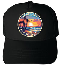 Load image into Gallery viewer, Surf City North Carolina Palm Sunset Design Unisex Mesh Back Trucker Hat with Adjustable Snapback
