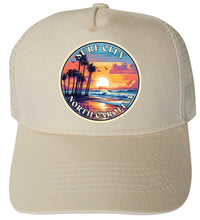 Load image into Gallery viewer, Surf City North Carolina Palm Sunset Design Unisex Mesh Back Trucker Hat with Adjustable Snapback
