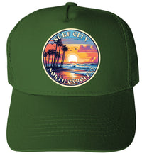 Load image into Gallery viewer, Surf City North Carolina Palm Sunset Design Unisex Mesh Back Trucker Hat with Adjustable Snapback
