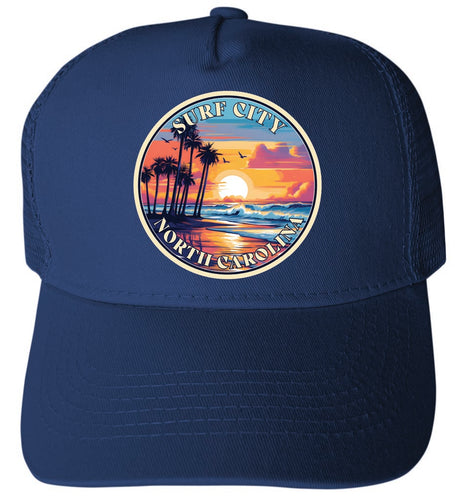 Surf City North Carolina Palm Sunset Design Navy Unisex Mesh Back Trucker Hat with Adjustable Snapback 4-Pack