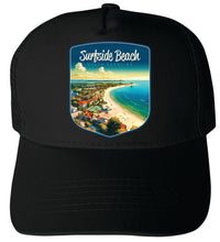 Load image into Gallery viewer, Surfside Beach South Carolina Design A Unisex Mesh Back Trucker Hat with Adjustable Snapback
