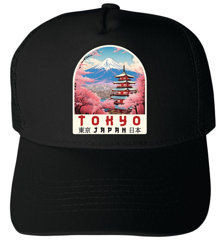 Tokyo Japan Unisex Mesh Back Trucker Hat with Adjustable Snapback Black