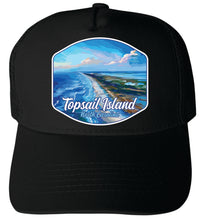 Load image into Gallery viewer, Topsail Island North Carolina Aerial View Design Unisex Mesh Back Trucker Hat with Adjustable Snapback

