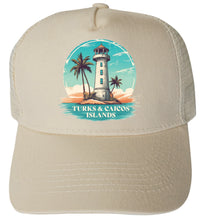 Load image into Gallery viewer, Turks and Caicos Islands Design A Unisex Mesh Back Trucker Hat with Adjustable Snapback
