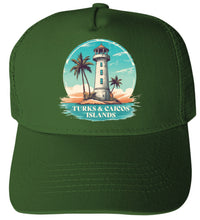 Load image into Gallery viewer, Turks and Caicos Islands Design A Unisex Mesh Back Trucker Hat with Adjustable Snapback
