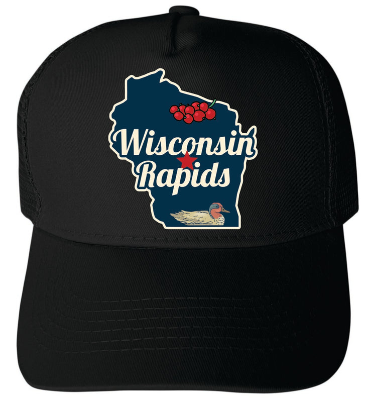 Wisconsin Rapids Unisex Mesh Back Trucker Hat with Adjustable Snapback Black