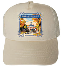 Load image into Gallery viewer, Williamsburg Virginia Governor&#39;s Palace Design Unisex Mesh Back Trucker Hat with Adjustable Snapback

