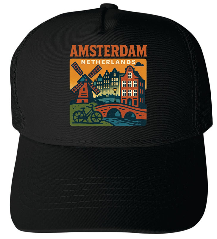 Amsterdam Netherlands Vintage Design Black Unisex Mesh Back Trucker Hat with Adjustable Snapback Black