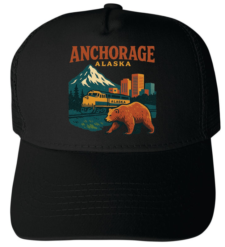 Anchorage Alaska Vintage Design Black Unisex Mesh Back Trucker Hat with Adjustable Snapback Black