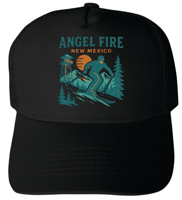 Angel Fire New Mexico Vintage Design Black Unisex Mesh Back Trucker Hat with Adjustable Snapback Black