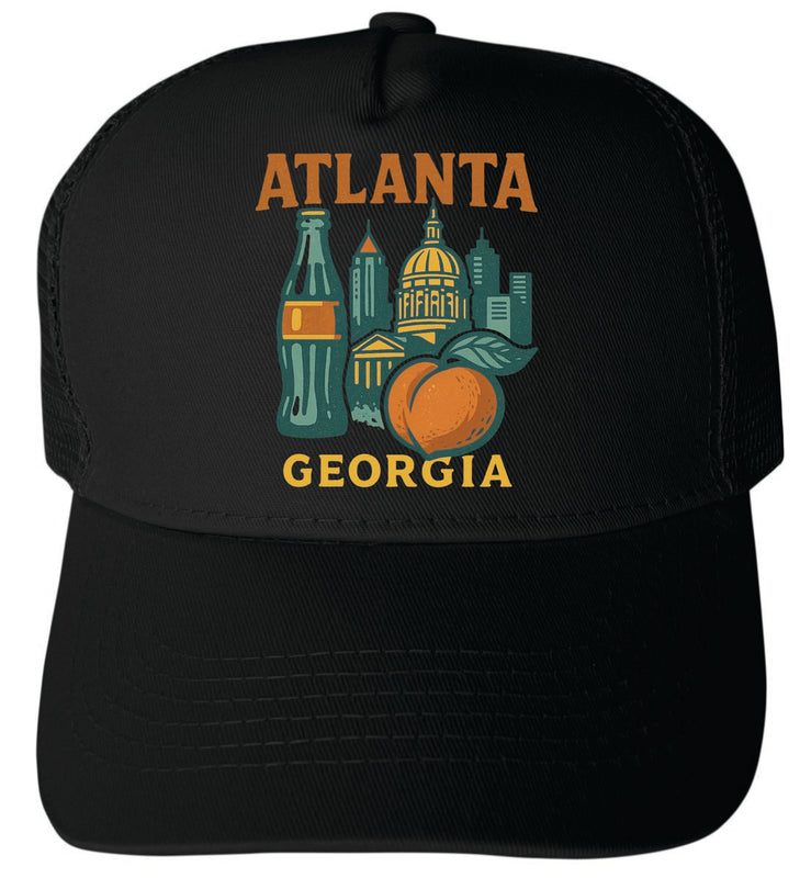 Atlanta Georgia Vintage Design Black Unisex Mesh Back Trucker Hat with Adjustable Snapback Black