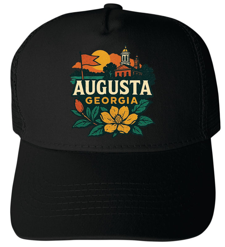 Augusta Georgia Vintage Design Black Unisex Mesh Back Trucker Hat with Adjustable Snapback Black