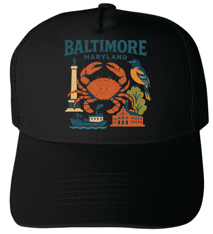 Baltimore Maryland Vintage Design Black Unisex Mesh Back Trucker Hat with Adjustable Snapback Black