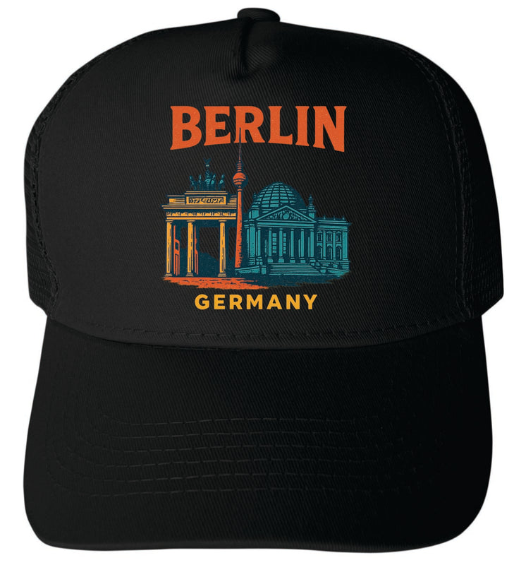 Berlin Germany Vintage Design Black Unisex Mesh Back Trucker Hat with Adjustable Snapback Black