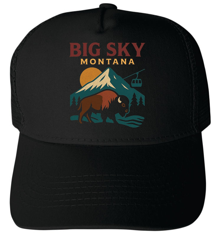 Big Sky Montana Vintage Design Black Unisex Mesh Back Trucker Hat with Adjustable Snapback Black