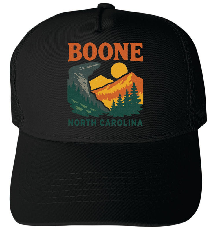 Boone North Carolina Vintage Design Black Unisex Mesh Back Trucker Hat with Adjustable Snapback Black
