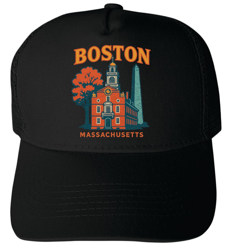 Boston Massachusetts Vintage Design Black Unisex Mesh Back Trucker Hat with Adjustable Snapback Black
