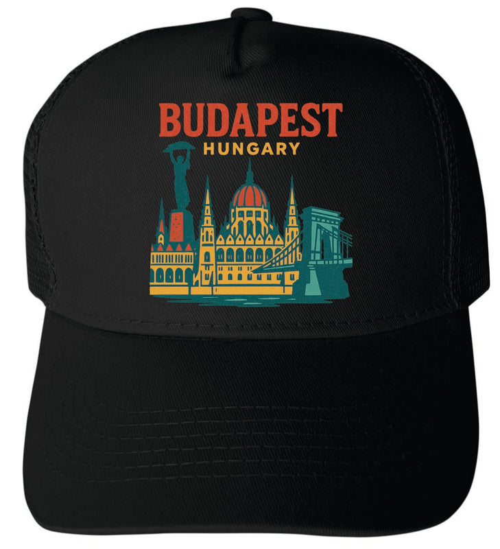 Budapest Hungary Vintage Design Black Unisex Mesh Back Trucker Hat with Adjustable Snapback Black