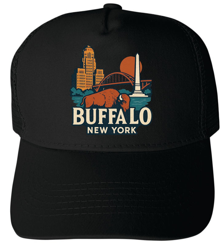 Buffalo New York Vintage Design Black Unisex Mesh Back Trucker Hat with Adjustable Snapback Black