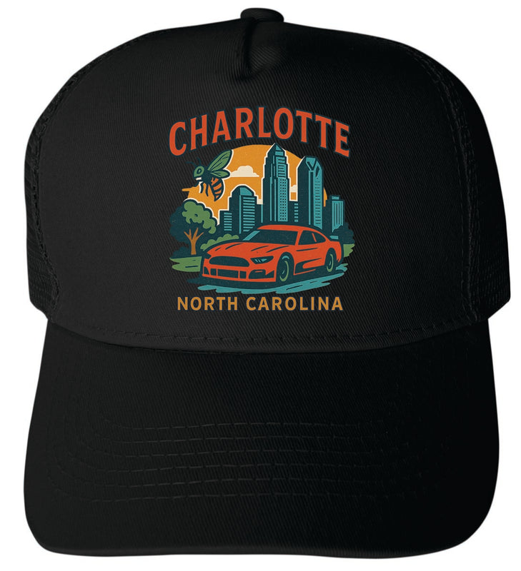 Charlotte North Carolina Vintage Design Black Unisex Mesh Back Trucker Hat with Adjustable Snapback Black