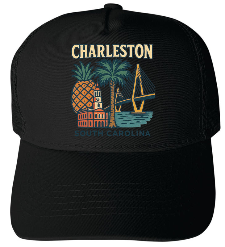Charleston South Carolina Vintage Design Black Unisex Mesh Back Trucker Hat with Adjustable Snapback Black