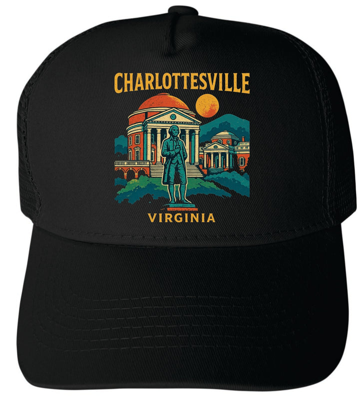 Charlottesville Virginia Vintage Design Black Unisex Mesh Back Trucker Hat with Adjustable Snapback Black